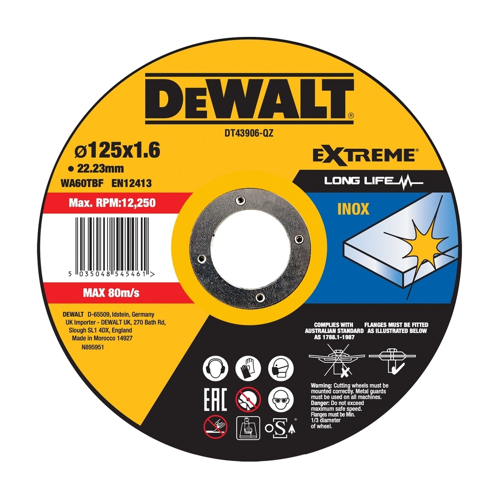 Disque à tronçonner l'inox 125 x 22,2 mm, épaisseur 1.6 mm, moyeu plat - DT43906-QZ - DEWALT