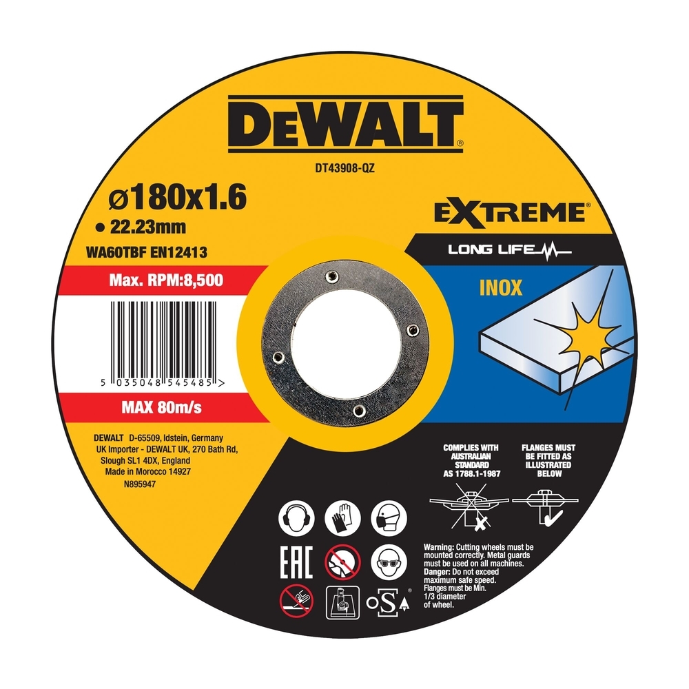 Disque à tronçonner l'inox 180 x 22,2 mm, épaisseur 1.6 mm, moyeu plat - DT43908-QZ - DEWALT