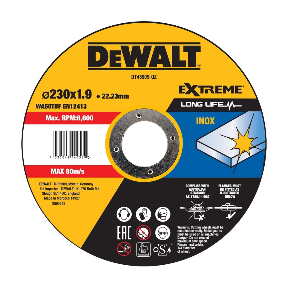 Disque à tronçonner l'inox 230 x 22,2 mm, épaisseur 1.9 mm, moyeu plat - DT43909-QZ - DEWALT