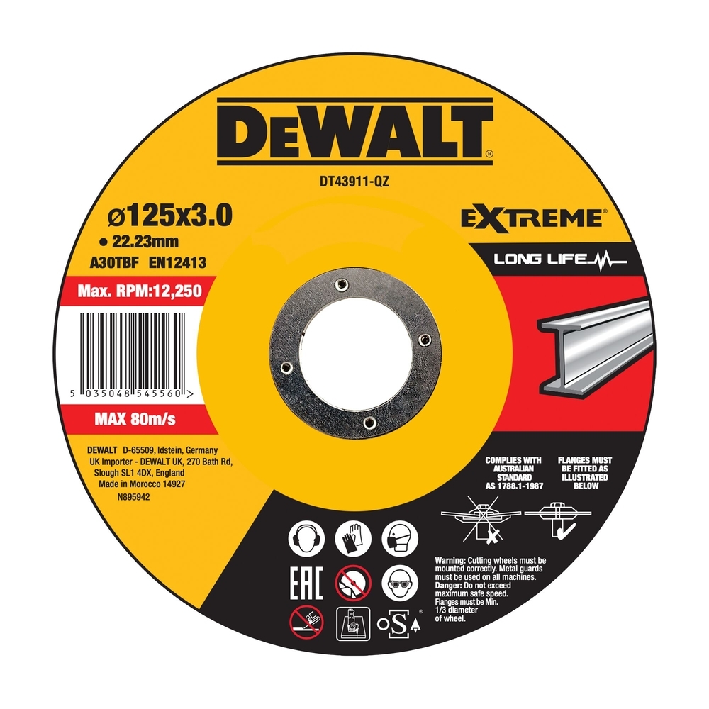 Disque à tronçonner le métal 125 x 22,2 mm, épaisseur 2,8 mm, moyeu déporté - DT43911-QZ - DEWALT