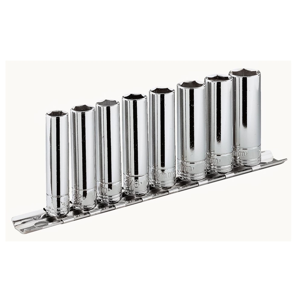 Jeux de douilles longues 6 pans métriques sur rack - 8 pièces, 1/4