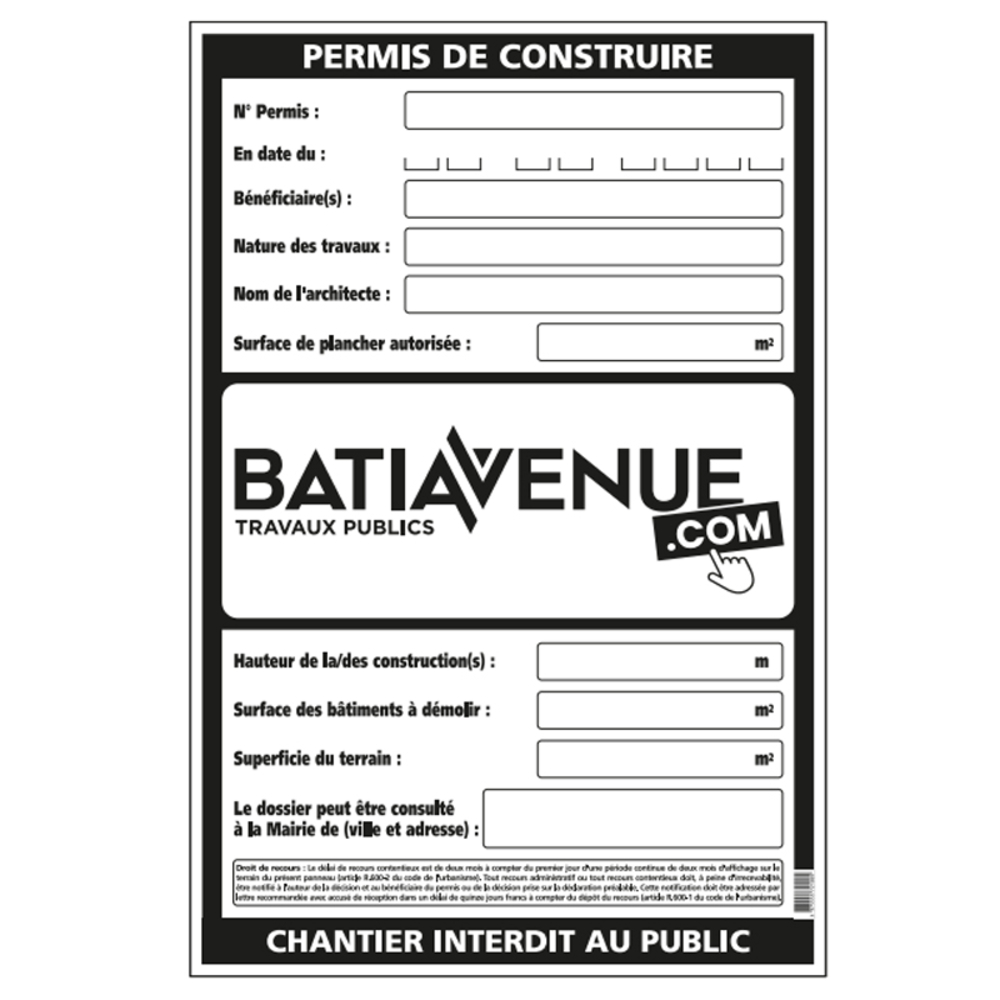 Panneau Permis de construire grand modèle 800 x 1200 mm - TALIAPLAST - 570101