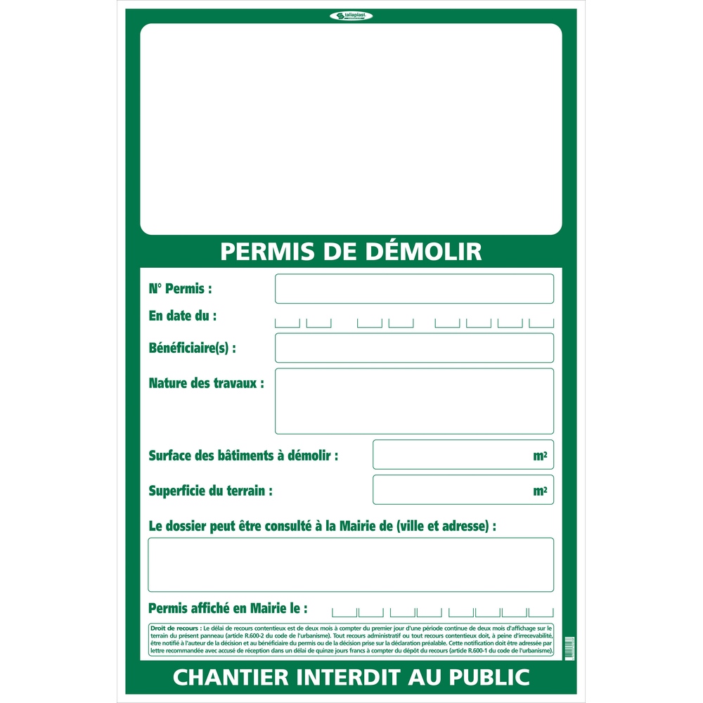 Panneau Permis de démolir modèle 800 x 1200 mm TALIAPLAST - 570103