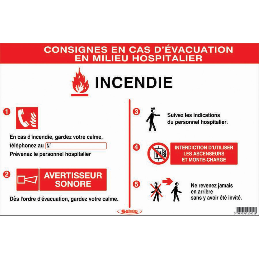CONSIGNES INCENDIE EN MILIEU HOSPITALIER 450X300mm TALIAPLAST - 620002