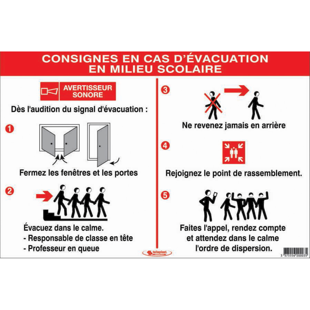 CONSIGNES INCENDIE EN MILIEU SCOLAIRE 450X300mm TALIAPLAST - 620003