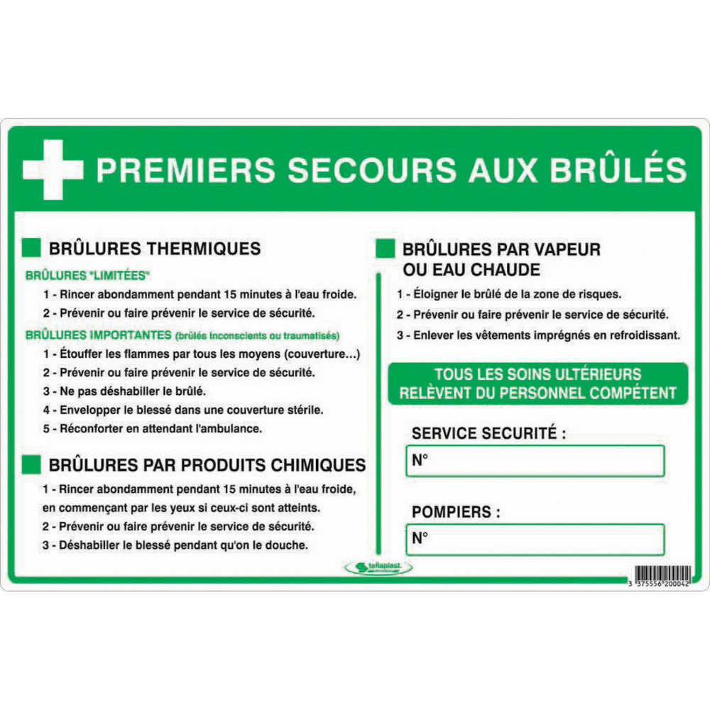 GUIDE DES PREMIERS SOINS AUX BRULES 450X300mm TALIAPLAST - 620004