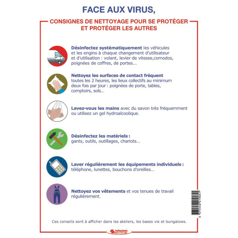 Signalétique COVID-19 Les consignes de nettoyage pour se proteger (covid-19) TALIAPLAST - 621905