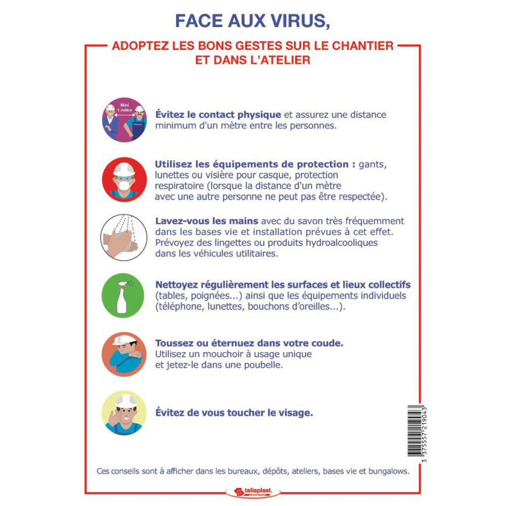 Signalétique COVID-19 ADHESIF Les bons gestes de la protection chantier et atelier TALIAPLAST - 721904