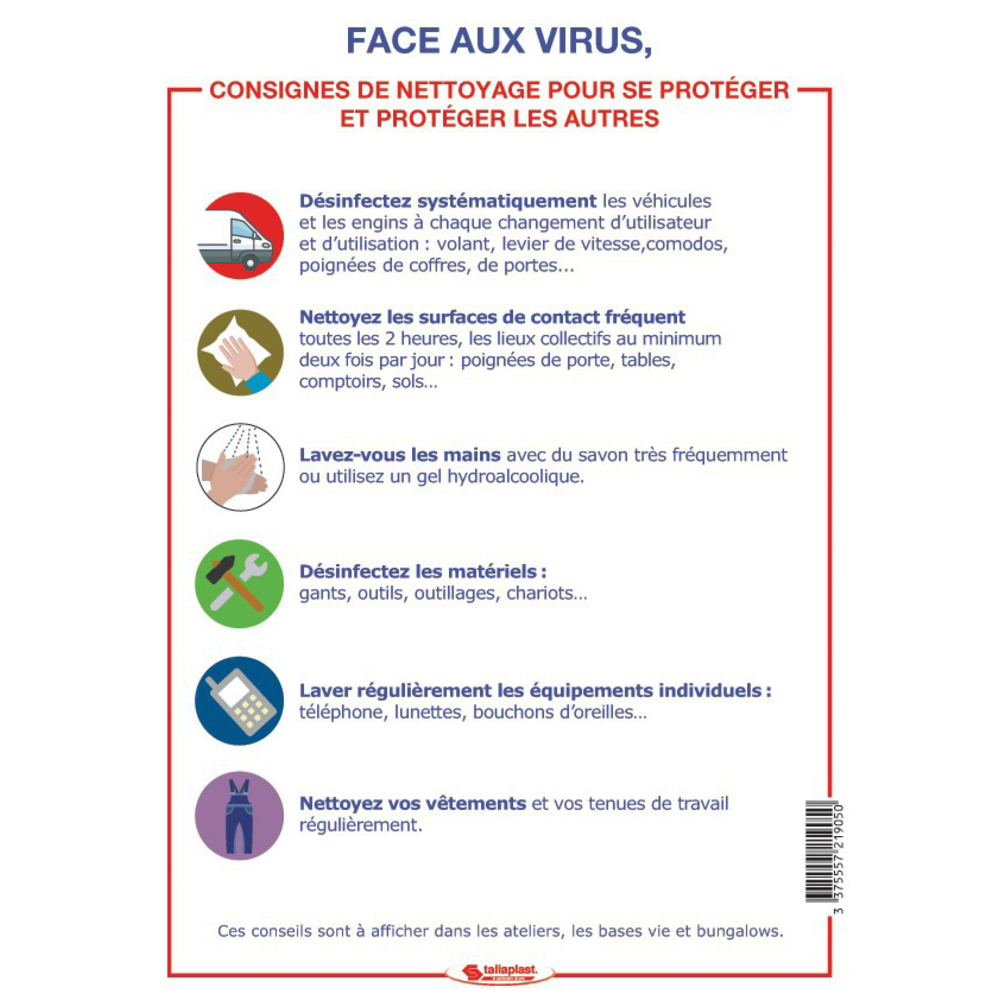 Signalétique COVID-19 ADHESIF Les consignes de nettoyage pour se proteger (covid-19) TALIAPLAST - 721905