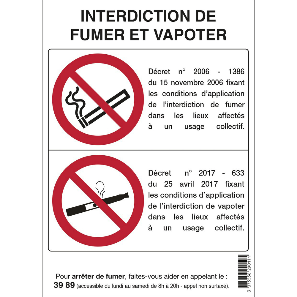 INTERDICTION DE FUMER ET VAPOTER 210X297mm (A4) ADHESIF TALIAPLAST - 729012