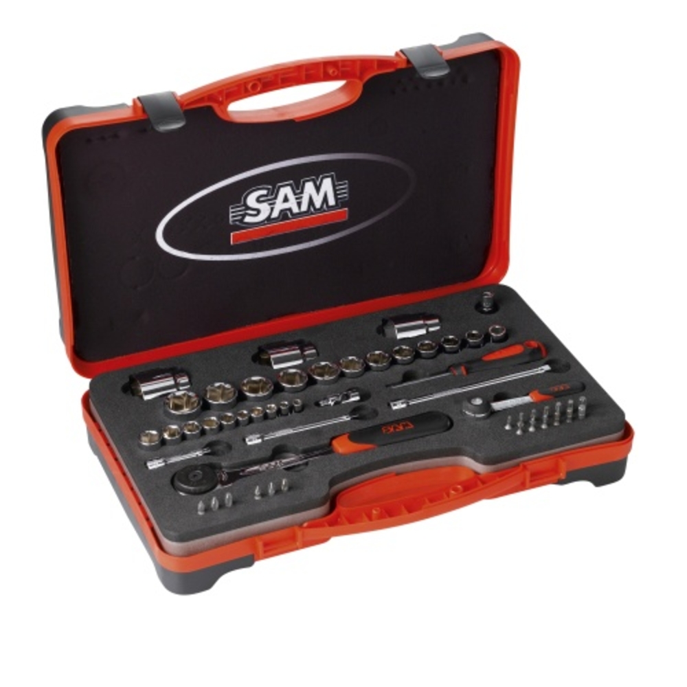COFFRET SAM OUTILLAGE DOUILLES ET ACCESSOIRES 1/4 ET 1/2 - 52 OUTILS -75RS1