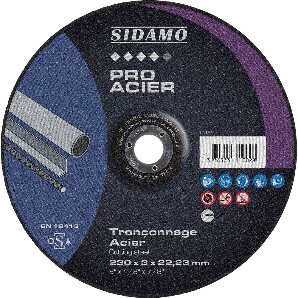 Disque à tronçonner PRO ACIER pour tronçonnage des métaux ferreux et aciers haute dureté SIDAMO - 10111002