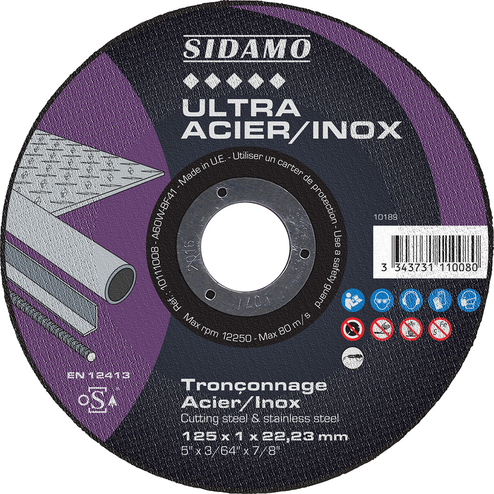 Disque à tronçonner ULTRA ACIER INOX pour tronçonnage à sec de profilés et tôles en acier ou inox SIDAMO - 10111008