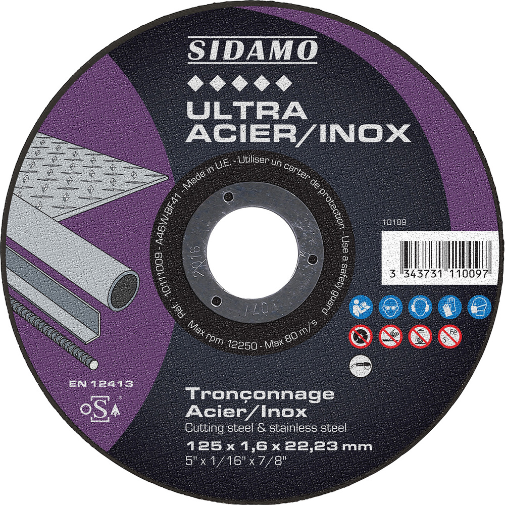 Disque à tronçonner ULTRA ACIER INOX pour tronçonnage à sec de profilés et tôles en acier ou inox SIDAMO - 10111009