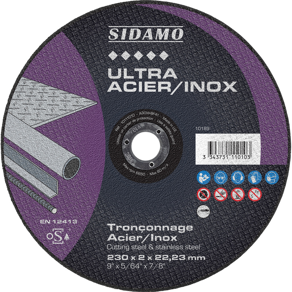 Disque à tronçonner ULTRA ACIER INOX pour tronçonnage à sec de profilés et tôles en acier ou inox SIDAMO - 10111010