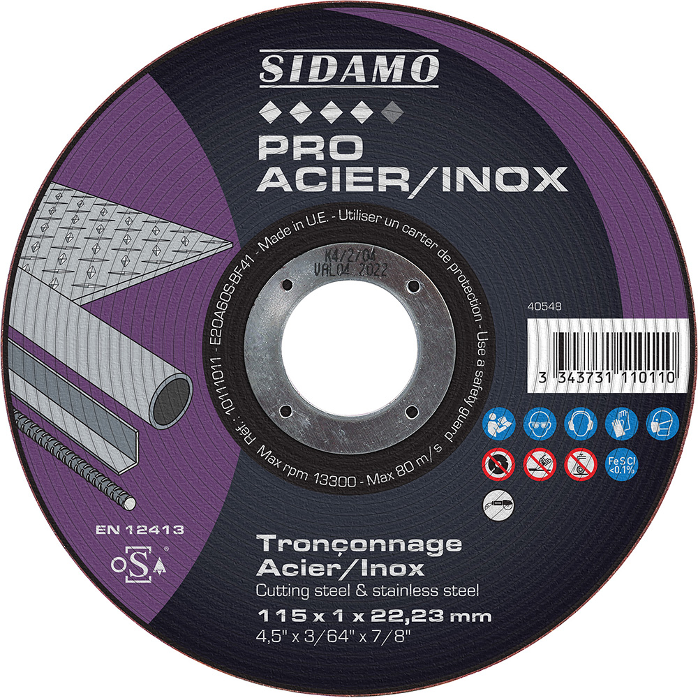 Disque à tronçonner PRO ACIER INOX pour tronçonnage à sec de profilés et tôles en acier ou inox SIDAMO - 10111011