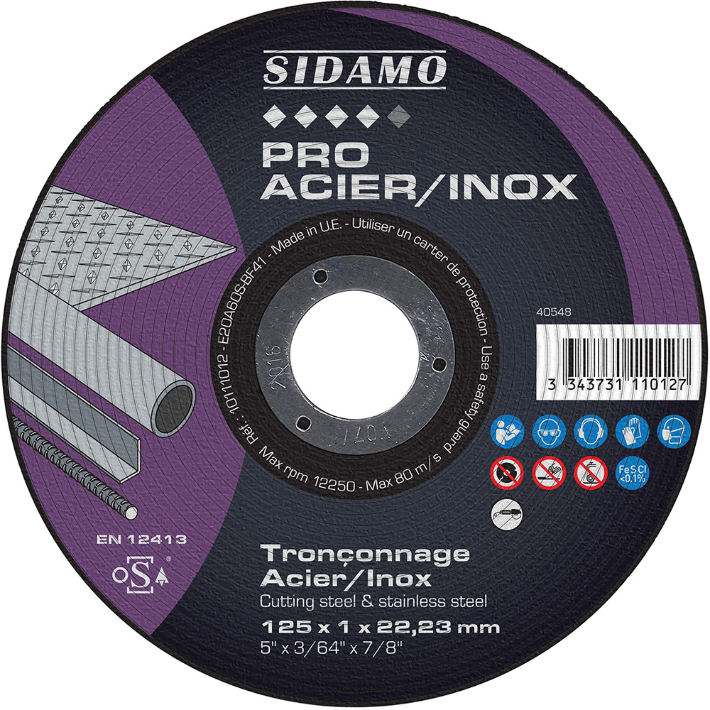 Disque à tronçonner PRO ACIER INOX pour tronçonnage à sec de profilés et tôles en acier ou inox SIDAMO - 10111012