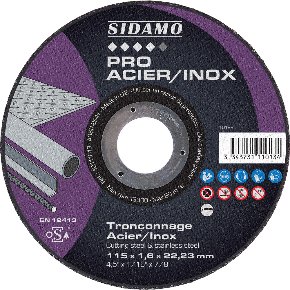 Disque à tronçonner PRO ACIER INOX pour tronçonnage à sec acier et inox SIDAMO - 10111013