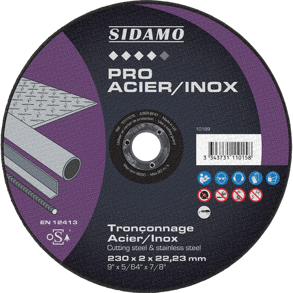 Disque à tronçonner PRO ACIER INOX pour tronçonnage à sec de profilés et tôles en acier ou inox SIDAMO - 10111015