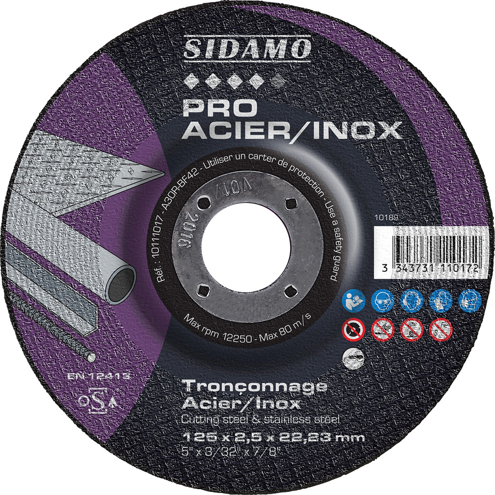 Disque à tronçonner PRO ACIER INOX pour tronçonnage à sec de profilés et tôles en acier ou inox SIDAMO - 10111017