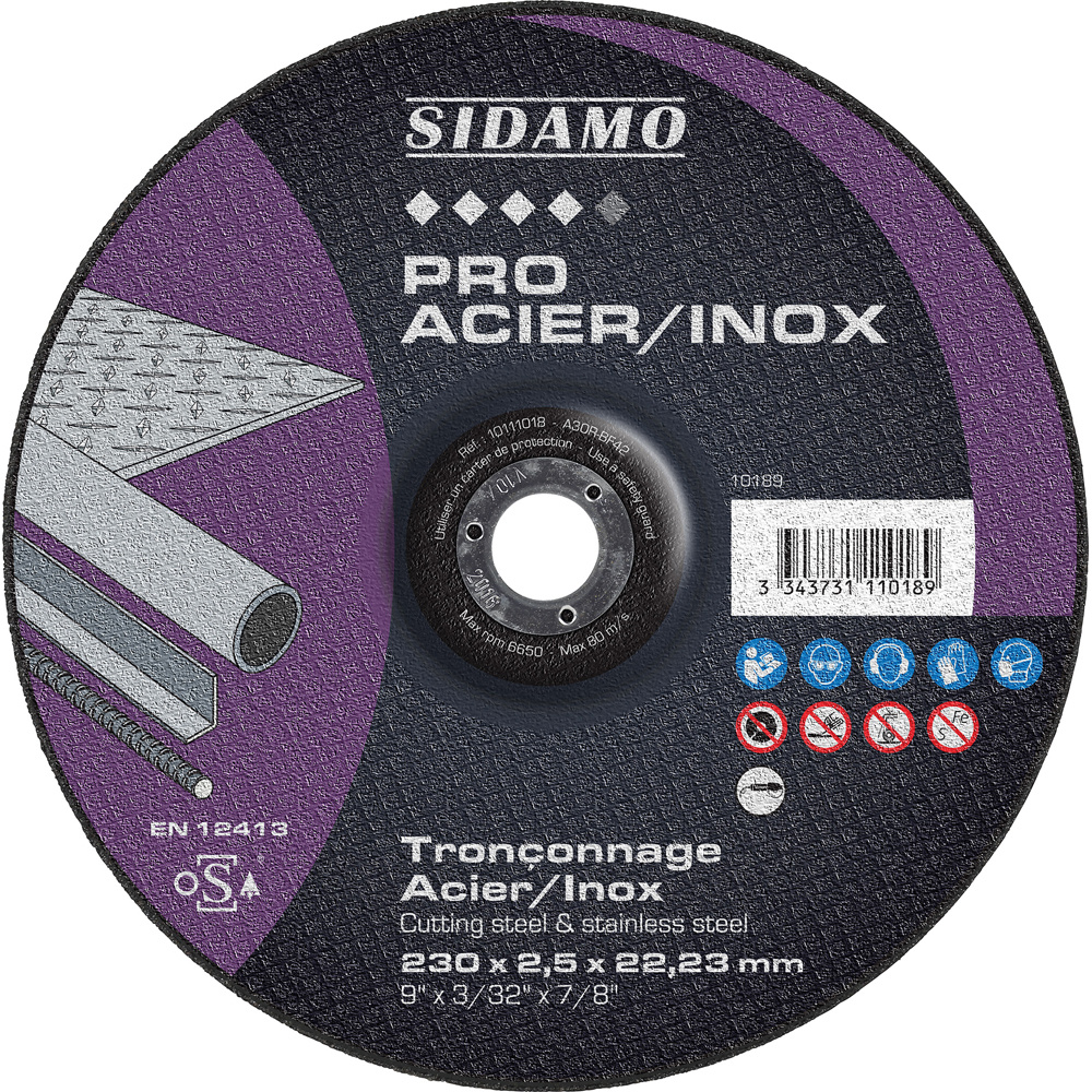 Disque à tronçonner PRO ACIER pour tronçonnage à sec de profilés et tôles en acier ou inox SIDAMO - 10111018