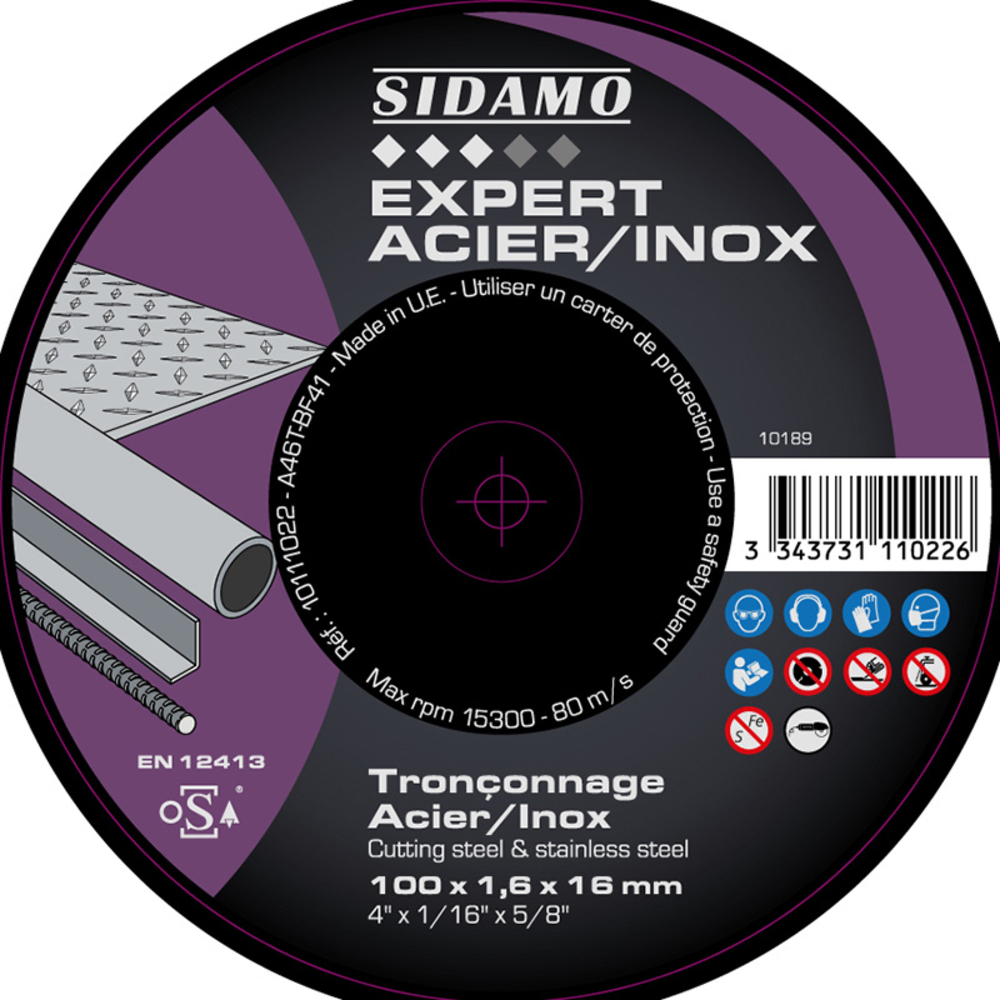DISQUE TRONC EXPERT ACIER INOX D.100 x 1.6 x 16 - SIDAMO - 10111022