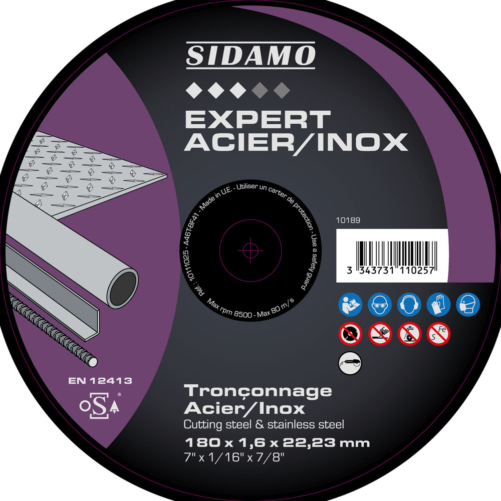 DISQUE TRONC EXPERT ACIER INOX D.180 x 1.6 x 22,23 - SIDAMO - 10111025