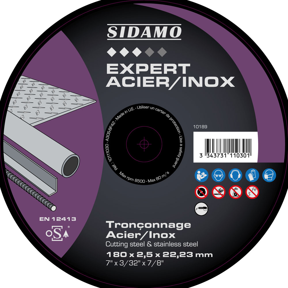 DISQUE TRONC EXPERT ACIER INOX D.180 x 2.5 x 22,23 - SIDAMO - 10111030