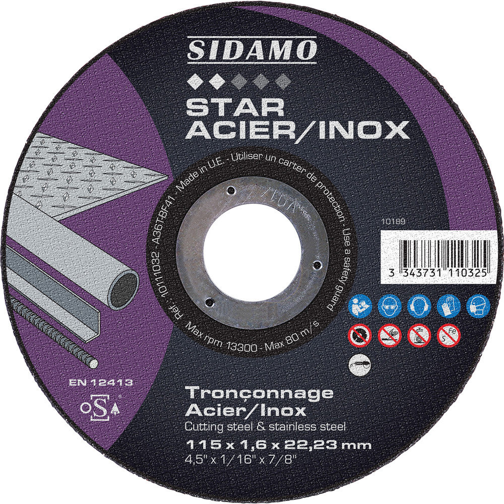Disque à tronçonner STAR ACIER INOX pour tronçonnage à sec de profilés et tôles en acier ou inox SIDAMO - 10111032