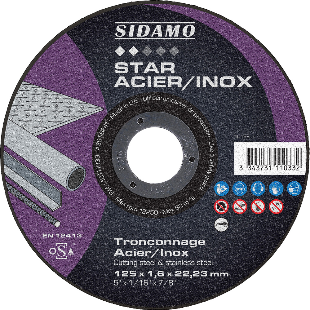 Disque à tronçonner STAR INOX pour tronçonnage à sec d'acier et tôles SIDAMO - 10111033