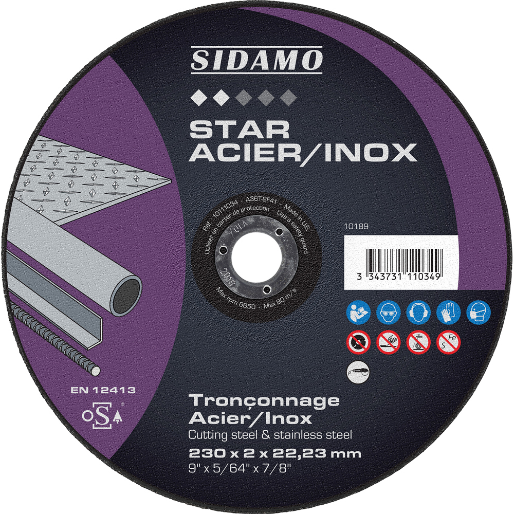 Disque à tronçonner STAR ACIER INOX pour tronçonnage à sec de profilés et tôles en acier ou en inox SIDAMO - 10111034
