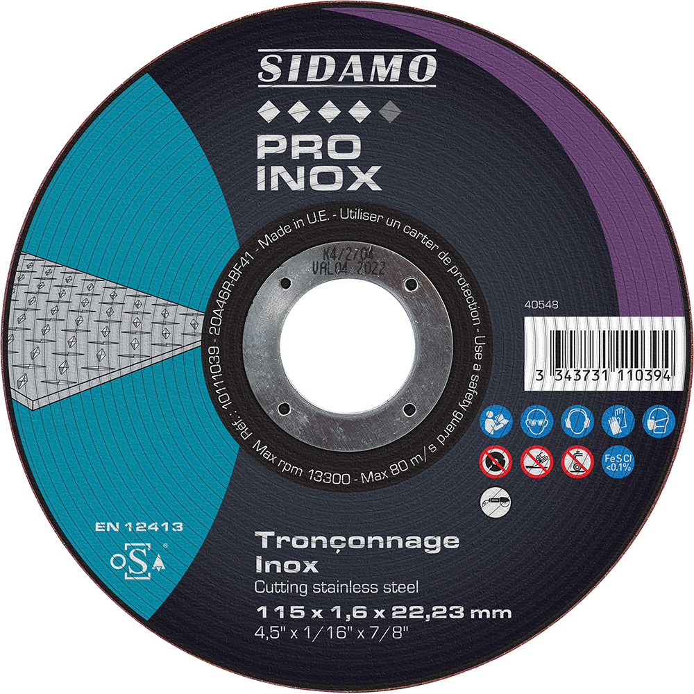 Disque à tronçonner PRO INOX pour tronçonnage à sec de profilés et tôles en inox SIDAMO - 10111039