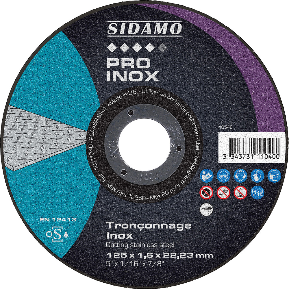 Disque à tronçonner PRO INOX pour inox - Tronçonnage à sec de profilés et tôles SIDAMO - 10111040