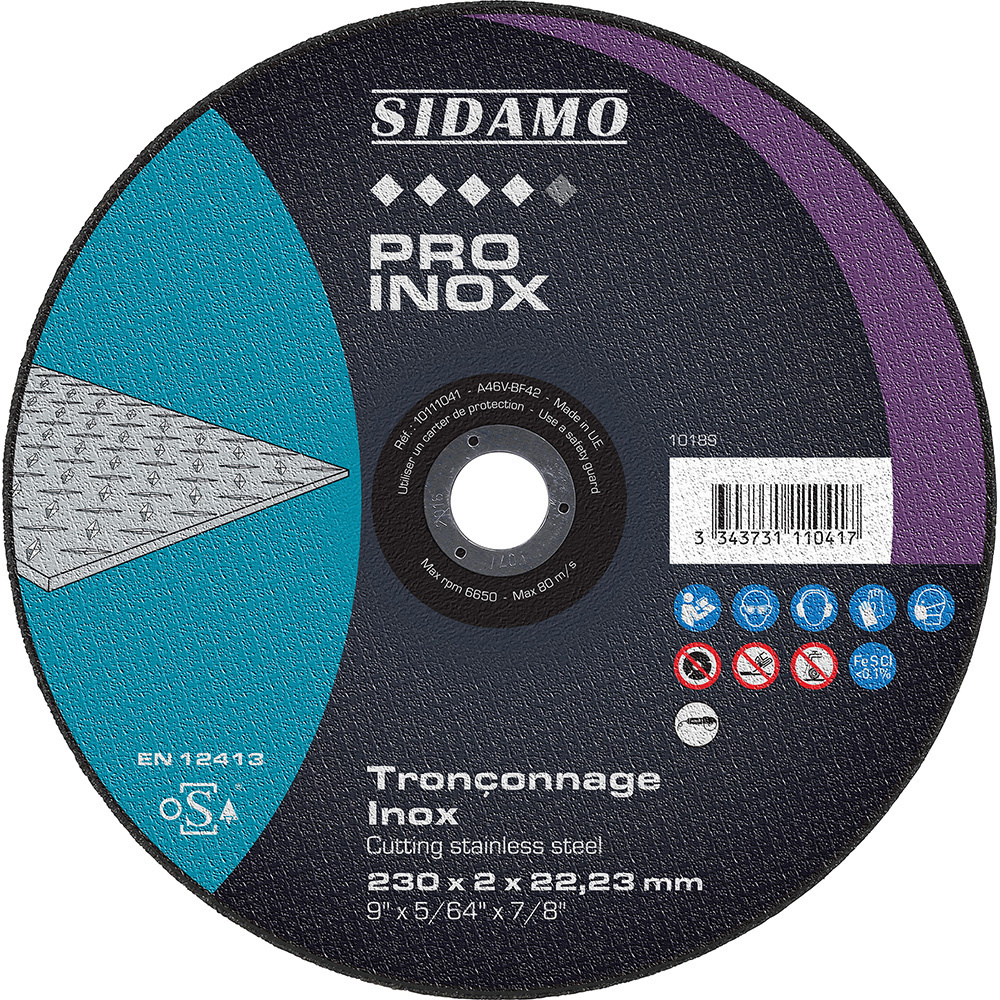 Disque à tronçonner PRO INOX pour machines électro-portatives - Tronçonnage à sec d'inox SIDAMO - 10111041