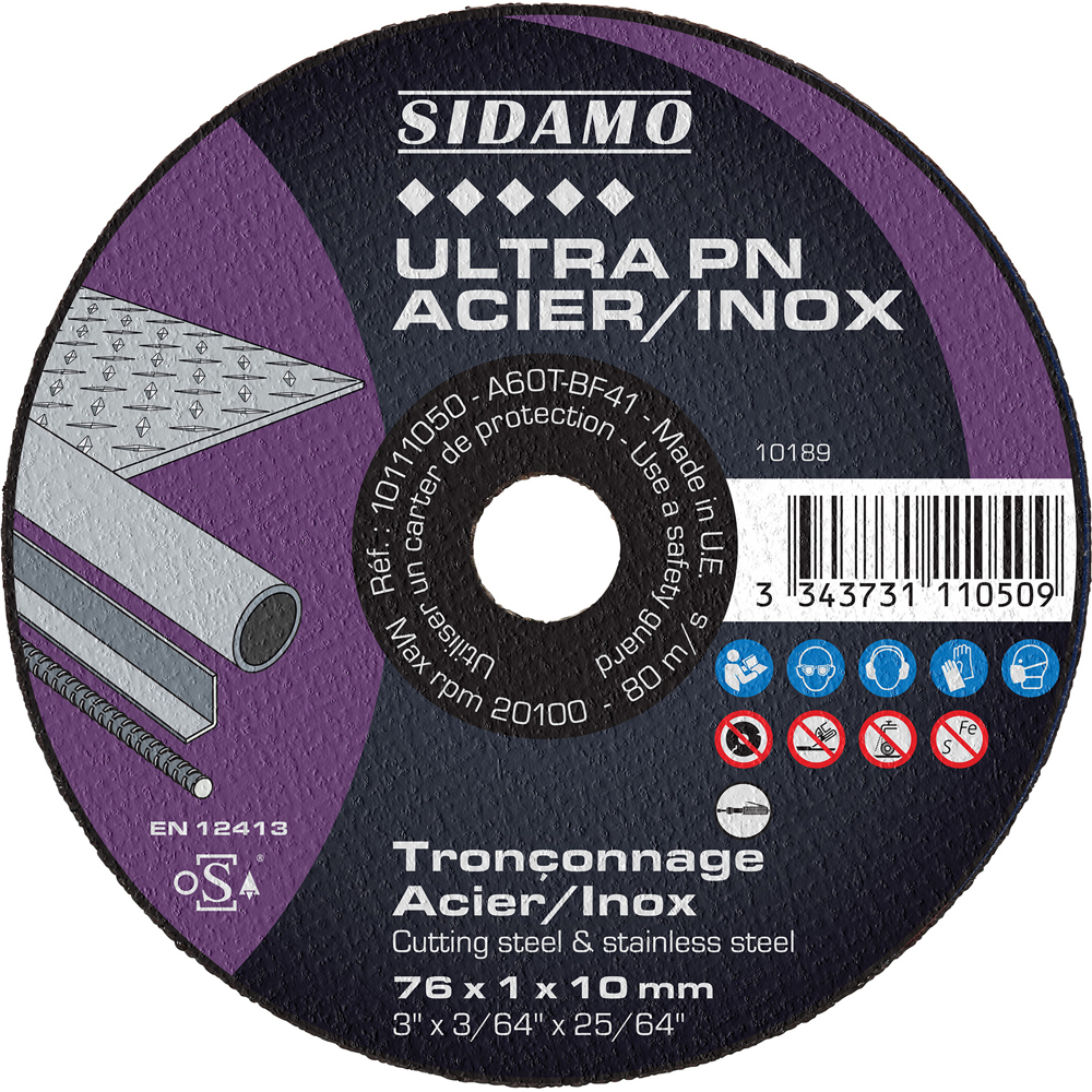 Disque à tronçonner ULTRA ACIER INOX pour Tronçonnage à sec de tôles fines et carrosserie SIDAMO - 10111050