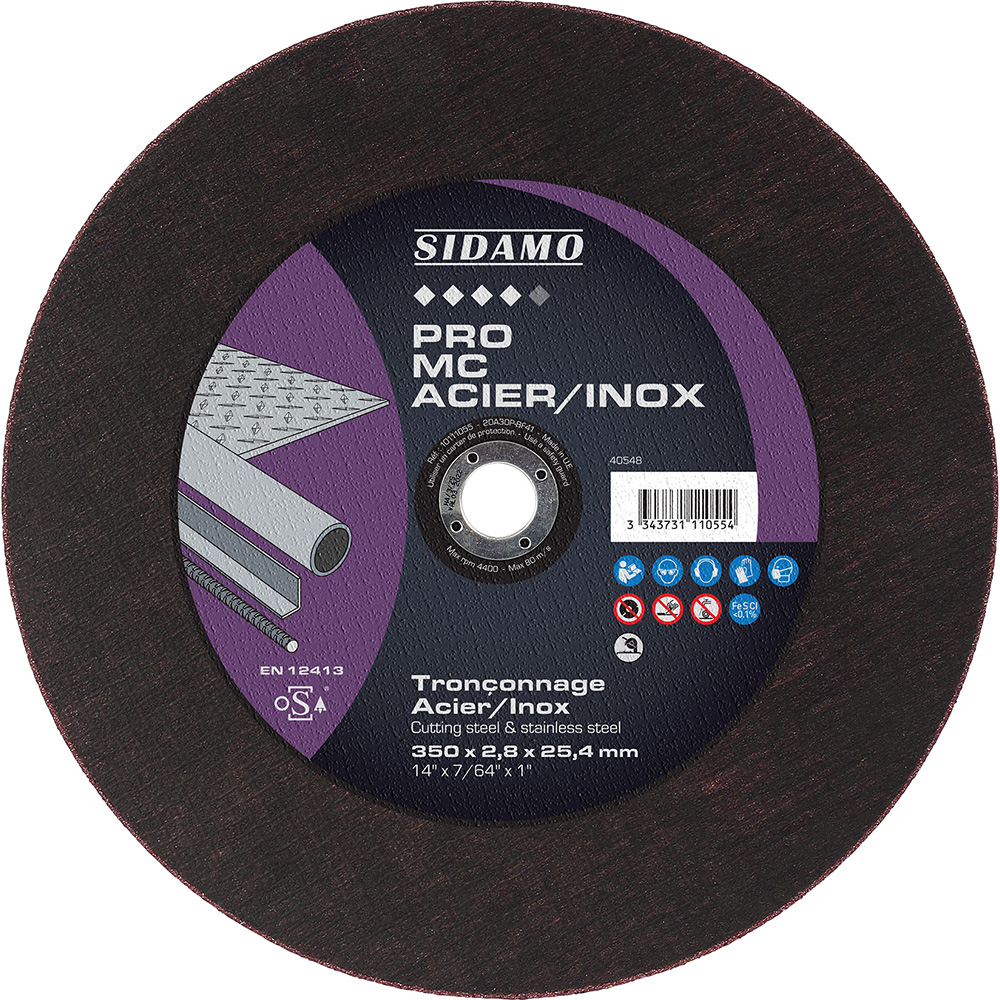 Disque à tronçonner PRO MC ACIER INOX pour tronçonnage à sec d'acier et inox SIDAMO - 10111055