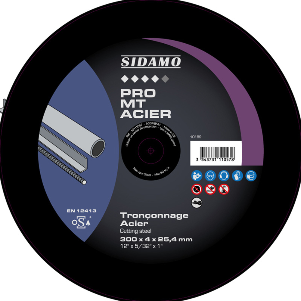 Disque à tronçonner PRO MT ACIER pour métaux ferreux et aciers haute dureté, tronçonnage à sec SIDAMO - 10111057