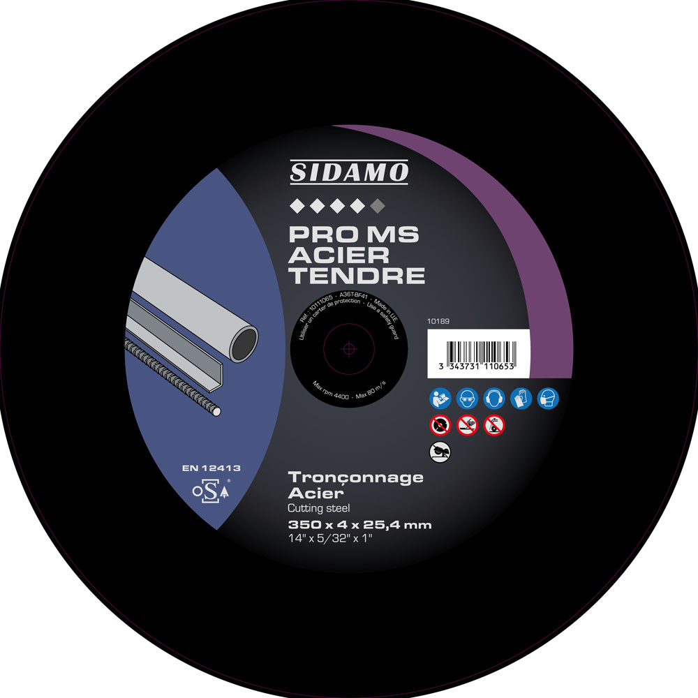 Disque à tronçonner PRO MS ACIER TENDRE pour métaux ferreux et aciers haute dureté SIDAMO - 10111065