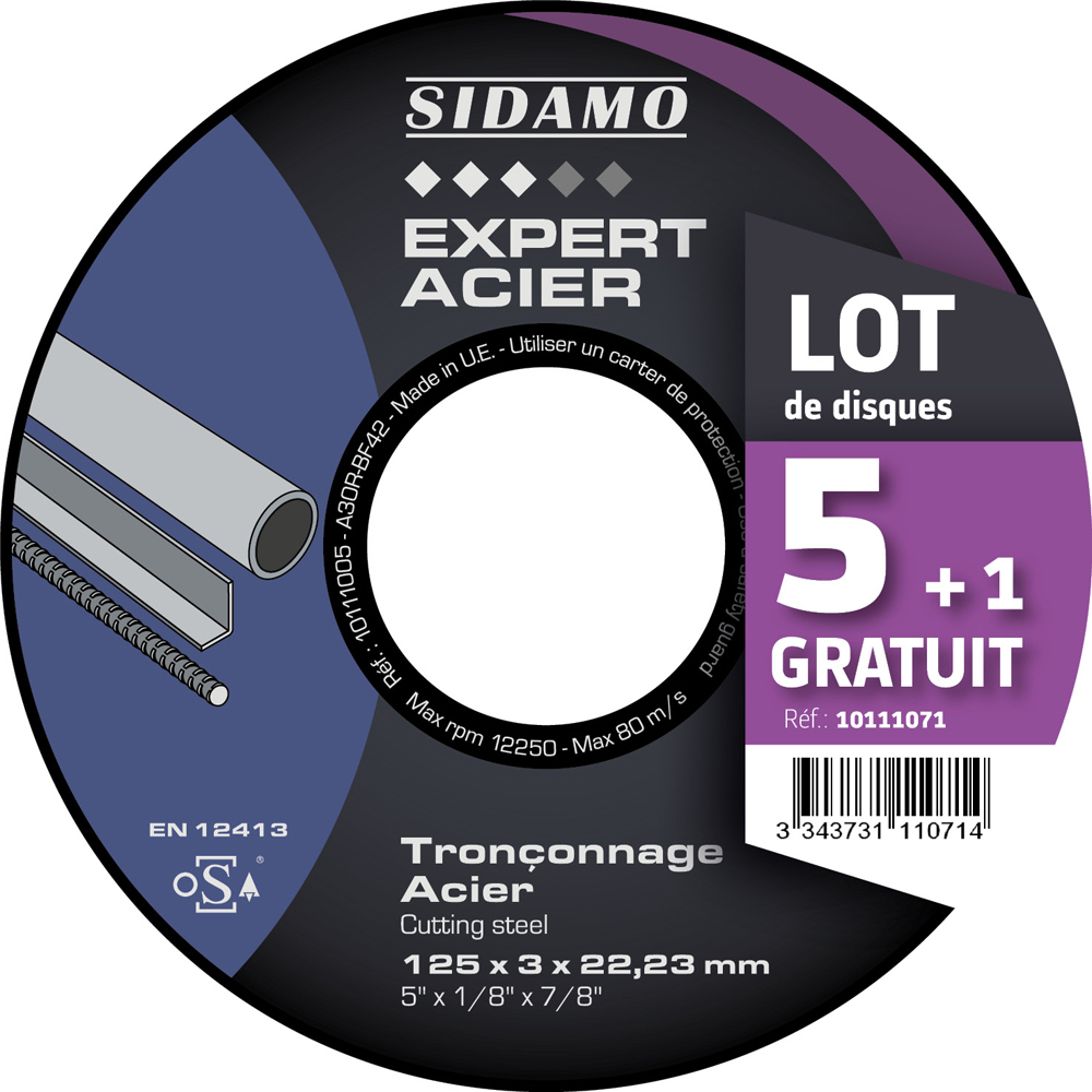LOT DE 5 DISQUES A TRONCONNER D.125 x 3 x 22,23 EXPERT ACIER SIDAMO 10111071