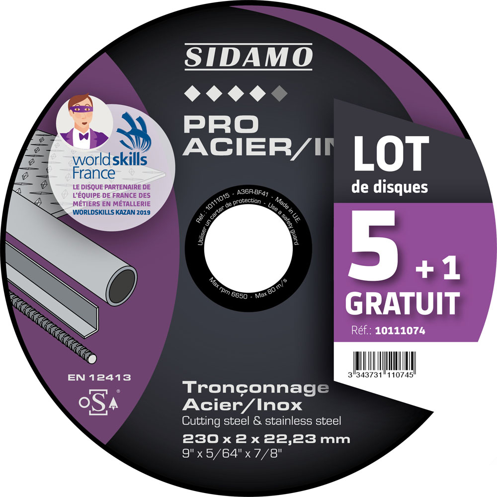 LOT DE 5 DISQUES A TRONCONNER D.230 x 2 x 22,23 PRO ACIER INOX SIDAMO 10111074