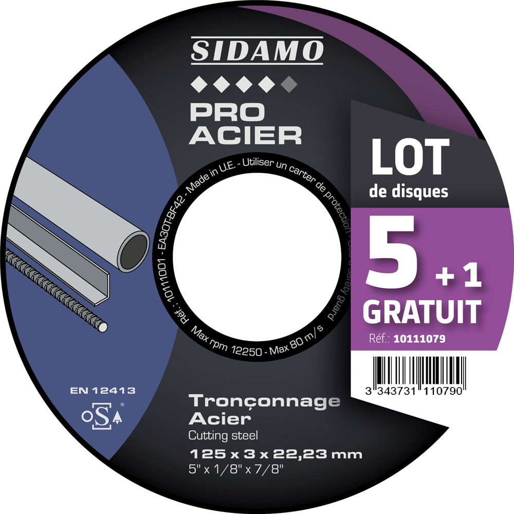 LOT DE 5 DISQUES A TRONCONNER D.125 x 3 x 22,23 PRO ACIER SIDAMO 10111079