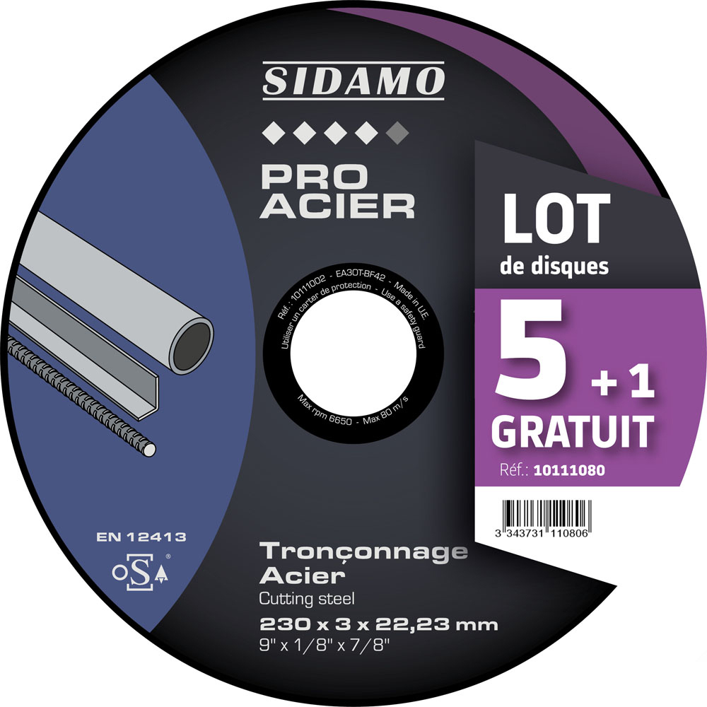LOT DE 5 DISQUES A TRONCONNER D.230 x 3 x 22,23 PRO ACIER SIDAMO 10111080
