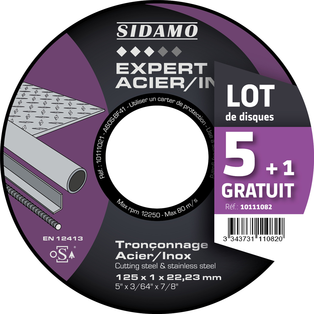 LOT DE 5 DISQUES A TRONCONNER D.125 x 1 x 22,23 EXPERT ACIER INOX SIDAMO 10111082