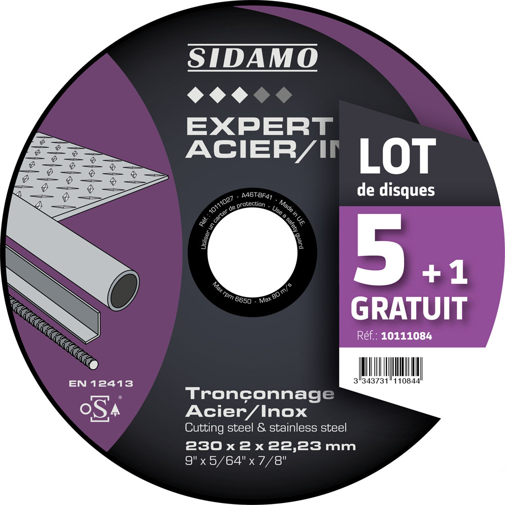 LOT DE 5 DISQUES A TRONCONNER D.230 x 2 x 22,23 EXPERT ACIER INOX SIDAMO 10111084