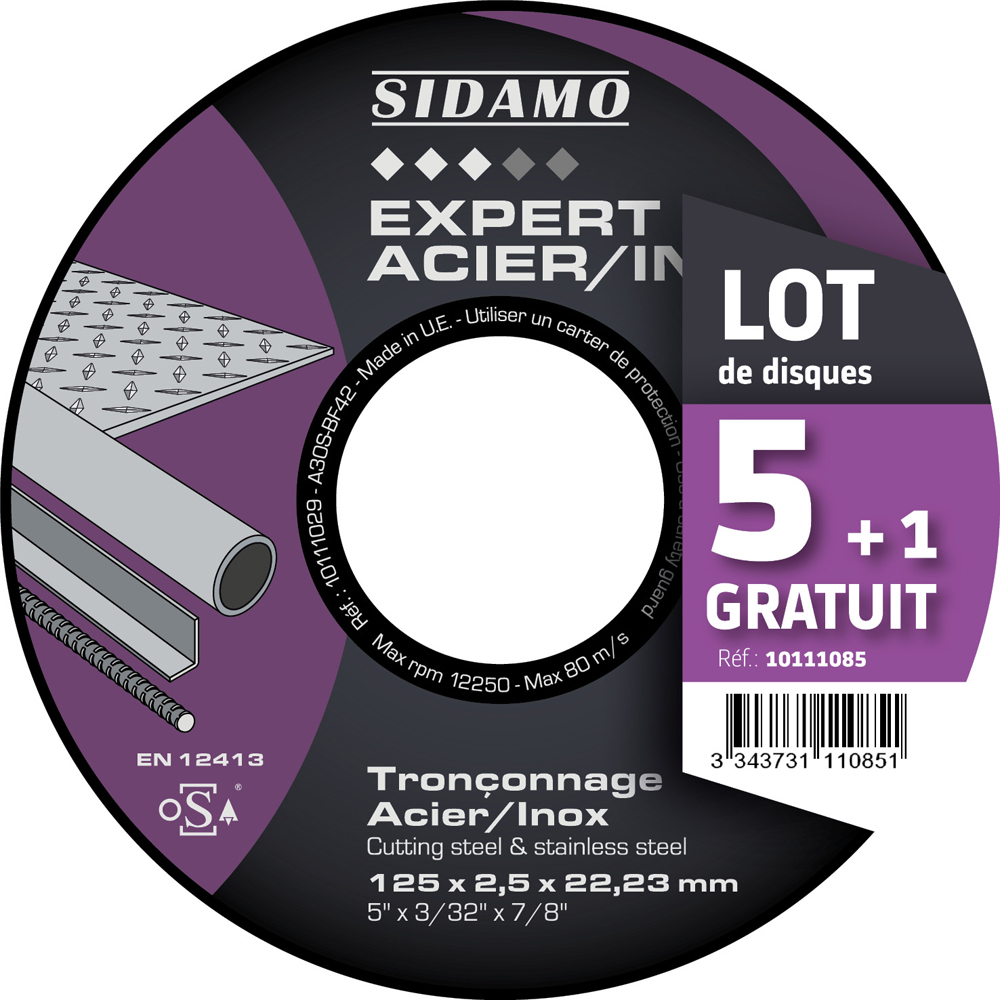 LOT DE 5 DISQUES A TRONCONNER D.125 x 2.5 x 22,23 EXPERT ACIER INOX SIDAMO 10111085