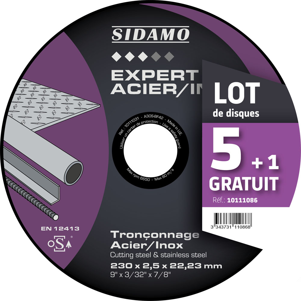 LOT DE 5 DISQUES A TRONCONNER D.230 x 2.5 x 22,23 EXPERT ACIER INOX SIDAMO 10111086