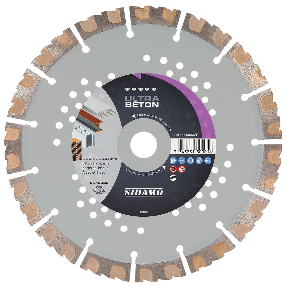 Disque diamant Ultra Béton pour tronçonnage à sec et à eau de béton armé, acier, parpaing, brique SIDAMO - 11130001
