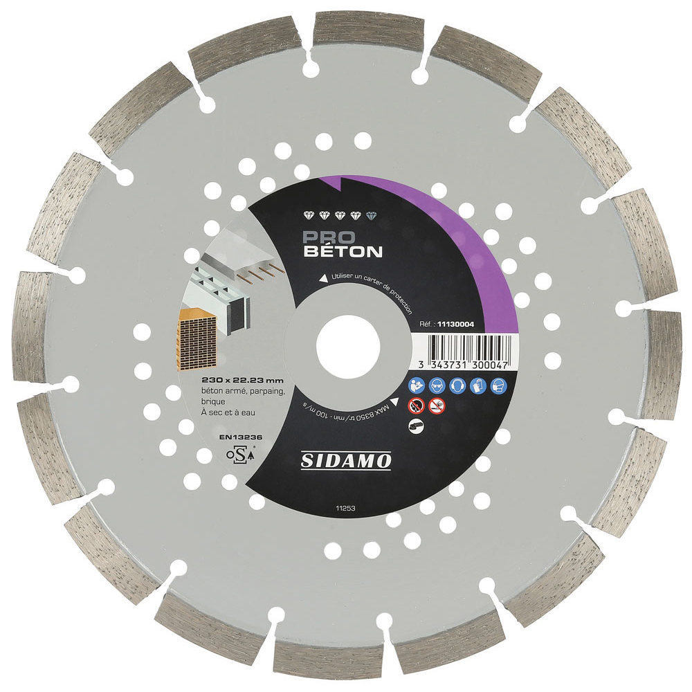 Disque diamant PRO BÉTON pour tronçonnage béton armé, parpaing et brique à sec ou à eau SIDAMO - 11130004