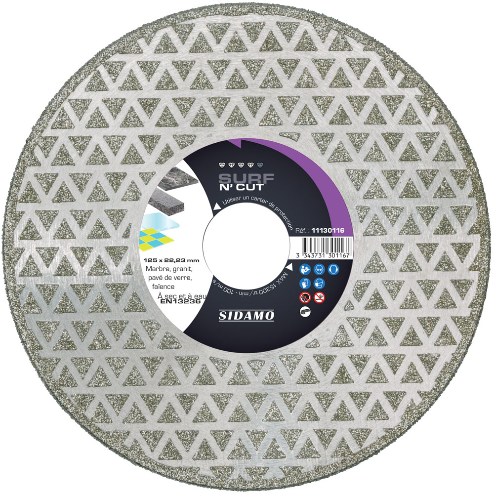 Disque diamant SURF N' CUT pour tronçonnage sec et à eau de marbre, granit, pavé de verre, faïence SIDAMO - 11130116
