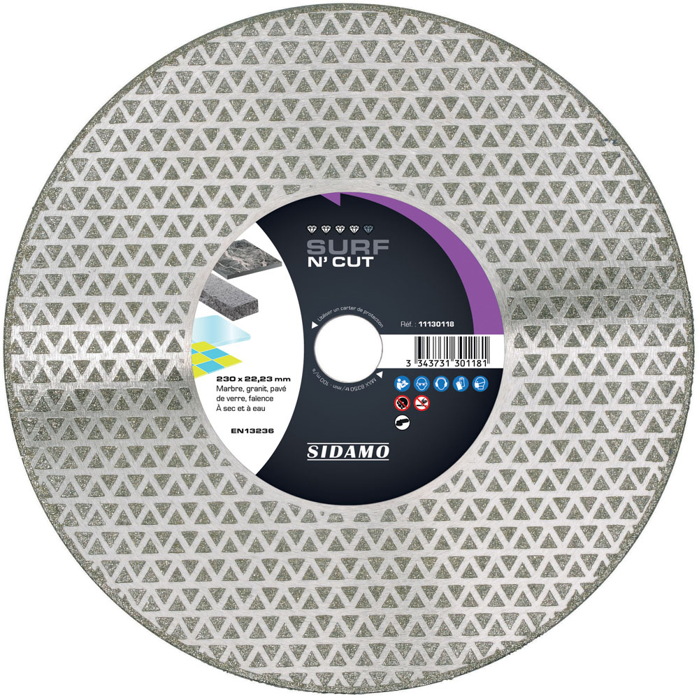 Disque diamant SURF N' CUT pour tronçonnage à sec et à eau de marbre, granit, pavé verre, faïence SIDAMO - 11130118